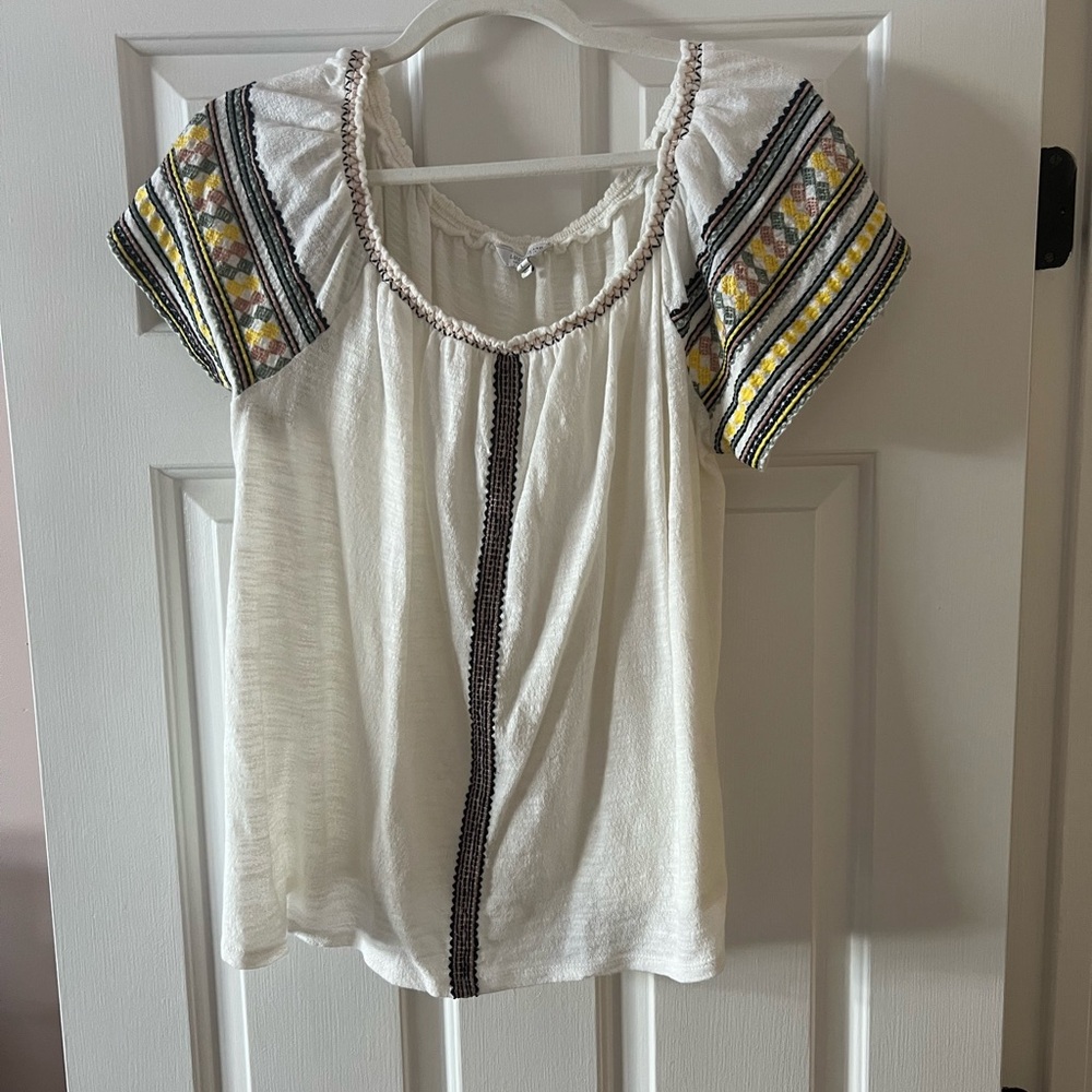 Lucky Brand White Blouse with Yellow Embroidery